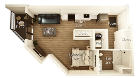 Floor plan for studio, 1 bath, 565 sqft
